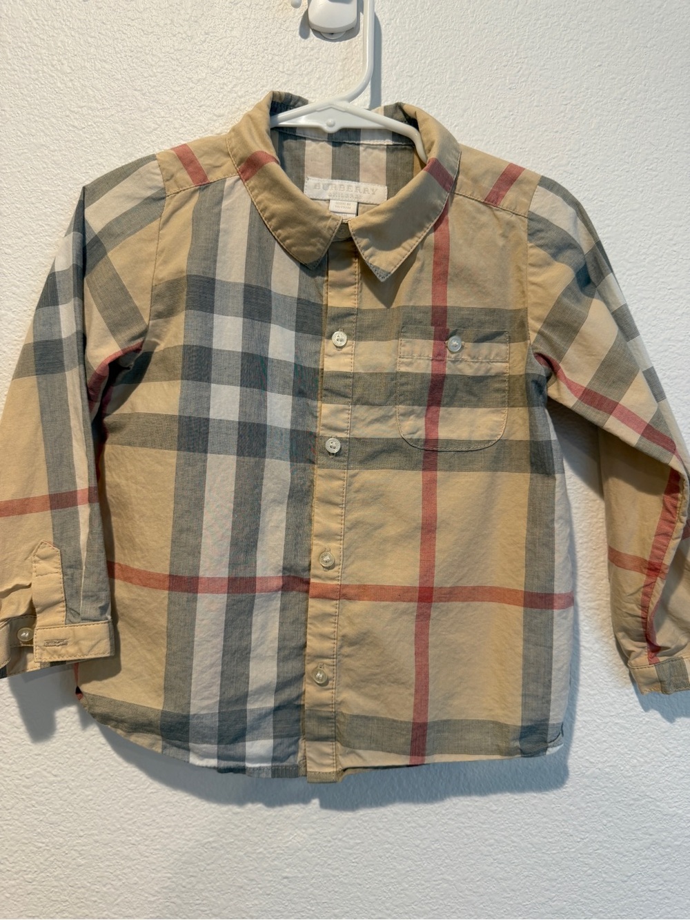 Burberry Kids Tan Plaid Button-Down Shirt with Red & Gray Stripes